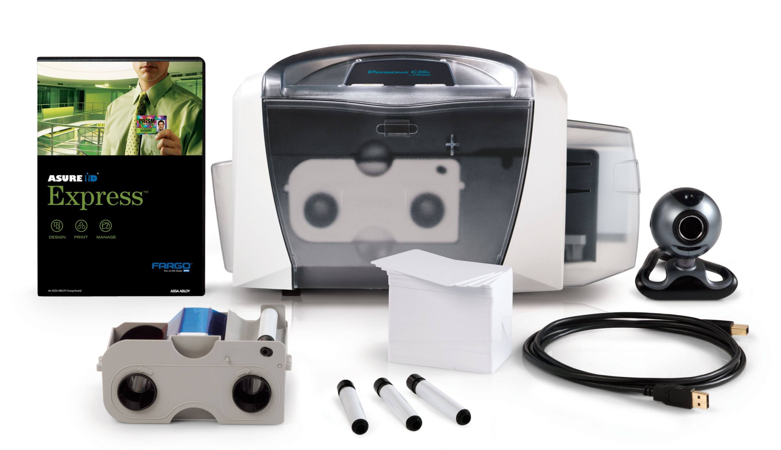 Fargo C30 Kartendrucker, Farbband, Asure-ID Kartensoftware, Webcam, Reinigungsset